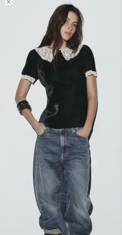 ZARA⭐︎新品未使用⭐︎レース襟付き黒半袖トップス