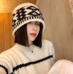 ニットビーニー 帽子ホワイト・ブラック