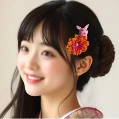 ヘアクリップ　うさぎ　花　ちりめん　つまみ細工　髪飾り　和風　ギフト