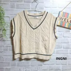 イング ニットベスト 配色ニット ショート丈 重ね着 ゆったり 大人可愛い 美品