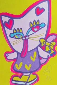 【るんるん猫さん】ハガキサイズ　額無し☆　絵画　イラスト　猫の絵　猫　アート