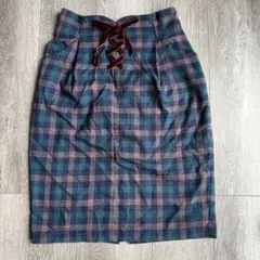 チェック柄タイトスカート ベルベットリボン付き