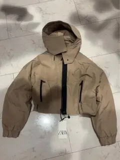 ZARA フード付きクロップドダウンジャケット XS ベージュ