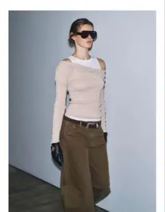 完売品⭐︎ZARA ダブルレイヤー風アシンメトリーTシャツ S サンド/マール