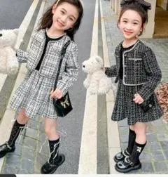 キッズ入学式スーツ2点セット 120cm卒園式ブラック黒ツイード女の子リボン韓国