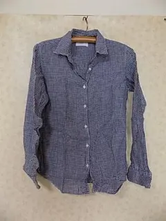 72752　ユニクロ　麻100％長袖シャツ　紺ギンガムチェック　サイズM