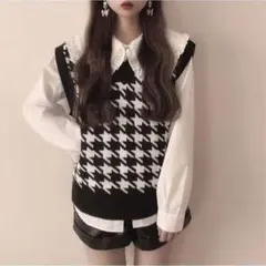 GRL 千鳥格子柄 Vネック ニットベスト