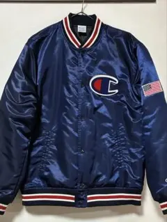 Champion XL サテンスタジャン ネイビー ワッペン 刺繍 アメカジ