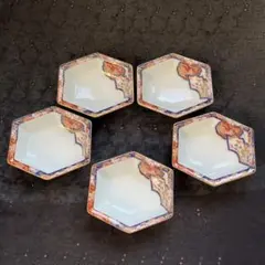 有田焼　其泉　染錦金彩　松竹梅鶴絵　高台　六角小鉢　小皿　5枚組