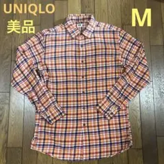 UNIQLO メンズ長袖綿ネルオレンジ系チェックシャツM／美品