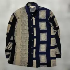 00's アーカイブ カジュアル ネイビー・ベージュ幾何学模様長袖シャツ