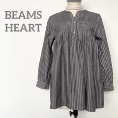 BEAMS HEART ストライプ柄 スモッキング ノーカラー 長袖 シャツ