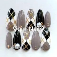 ネイルチップ　オーダー　現品　アーガイル　スキニーオーバル　冬　ブラック　つけ爪