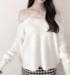 GRL 花柄レースオフショルダー ニットトップス アイボリー dr619