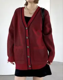 【新品】ページボーイ ライトモールストライプリブV カーディガン　レッド（赤）