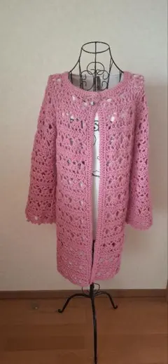 模様編みロングカーディガン ピンク