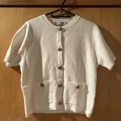 ZARA 半袖ゴールドボタンニットカーディガン　M ホワイト　ショートスリーブ