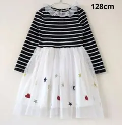 プチバトー 128cm/8ans ボーダー×チュールワンピース 刺しゅう ラメ