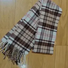 ブラウン　ベージュ系チェック柄 マフラー フリンジ付き