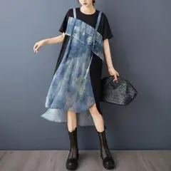 新品 大きいサイズ デニム 重ね着風 変形ワンピース チュニック ゆったり5
