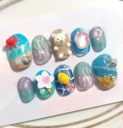 ショートオーバル★海ネイル夏タコクラゲくまさんアヒルハイビスカスうねうね個性的のサムネイル