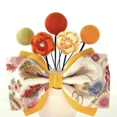 つまみ細工髪飾り6点セット①黄色系 リボン　お花　ちりめんボール