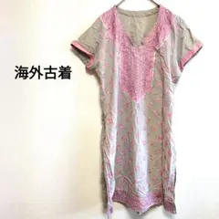 海外古着 花柄刺 ワンピース チュニック グレー/ピンク かわいい