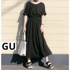GU ウエストマークVネックワンピース 半袖 レディース L ブラック 黒