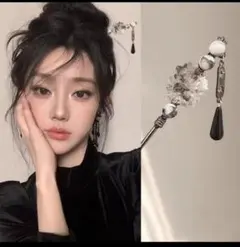 花とビーズのシルバーかんざし