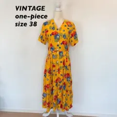 昭和レトロ　ロングワンピース　半袖　総柄　花柄　貝ボタン　黄色　華やか