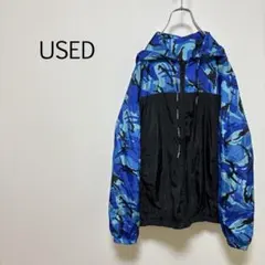 c0111【USED】ウィンドブレーカー 迷彩柄 Ｌ ブルー フード付 ナイロン