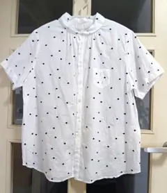 NaturalLaundry　ドット刺繍ギャザーシャツ　(オフ×ネイビー)のサムネイル