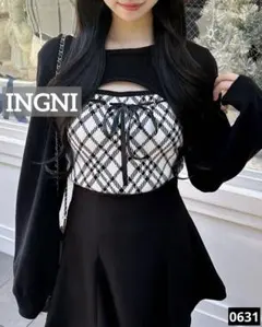 0631 INGNI チェック柄デコルテオープンニット ブラック