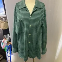 古着　厚手生地　グリーンとホワイトのストライプ長袖柔らかシャツ