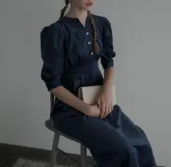 BONLECILL noir サテンビッグリボンベロアペンシルドレス ネイビー