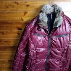 ダウンジャケット　毛皮　ラビット　ファー　Y2K　ストリート　ワインレッド　L