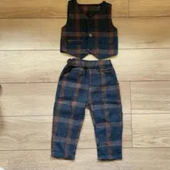 ベビー服 ネイビーオレンジチェック ベストパンツセット セットアップ　80センチ
