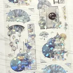 ◤コラージュ◢✨新品✨　海外マステ　PET　中華装飾　ブルー　5ループ　格子