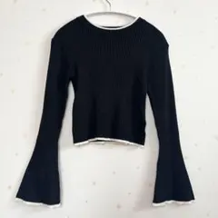 w closet ラメ配色リブニット 長袖　ブラック　フレアスリーブ