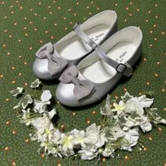 極美品 プティマイン フォーマルシューズ 20.0cm リボン シルバー