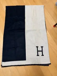 美品】HERMESリバーシブル ストール H柄 シルク アンゴラ ネイビー