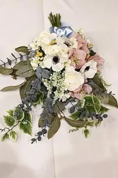 ウェディングブーケ ピンク ホワイト 造花　オーダーメイド　ブートニアセット
