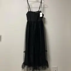 ドッキングキャミワンピース　ブラック　フリル　チュール　黒色　Lロングワンピース