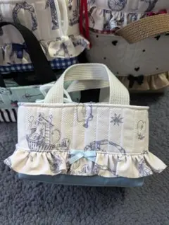 洗える保温保冷弁当ミニバッグフリルリボン付モンポッシュ生地使用ヌビ風くすみブルー