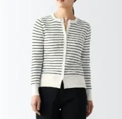 無印良品 コットンシルクリブクルーネックカーディガン オフ白ボーダー M