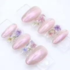 【265】ネイルチップSサイズ ピンク オーロラ 花柄 白　シルバー　マグネット