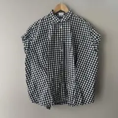 美品】SOIL コットン ギンガムチェック バンドカラー シャツ ネイビー