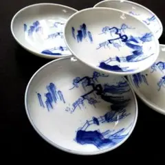 古伊万里　伊万里焼　印判　染付　山水　皿　4枚 骨董品 明治時代 古伊万里焼 染付 印判イゲ皿 竹松花紋錦帯
