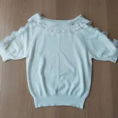 半袖オフショルニットトップス　ホワイト　リボン