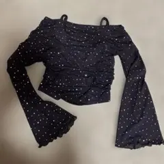 黒スパンコールオフショルダー長袖トップス